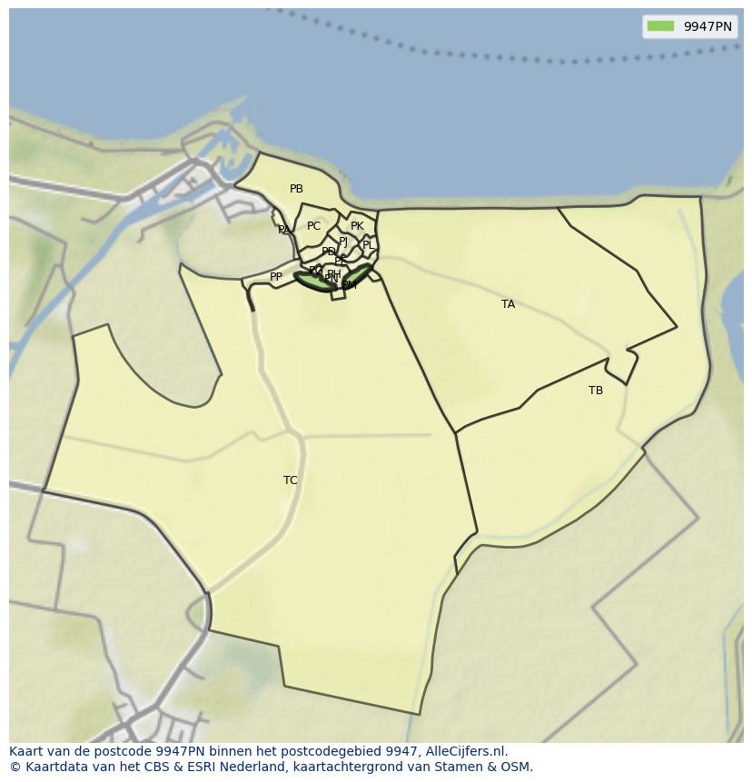 Afbeelding van het postcodegebied 9947 PN op de kaart.
