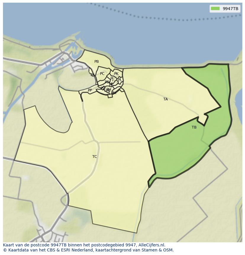 Afbeelding van het postcodegebied 9947 TB op de kaart.