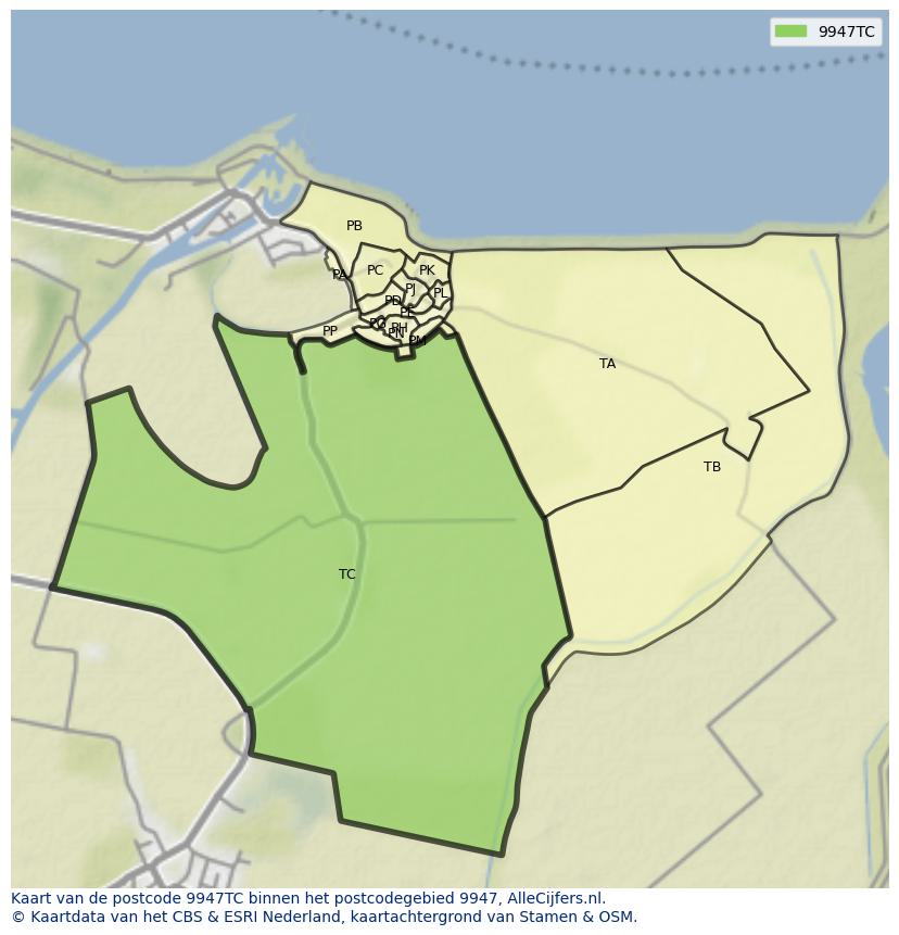 Afbeelding van het postcodegebied 9947 TC op de kaart.