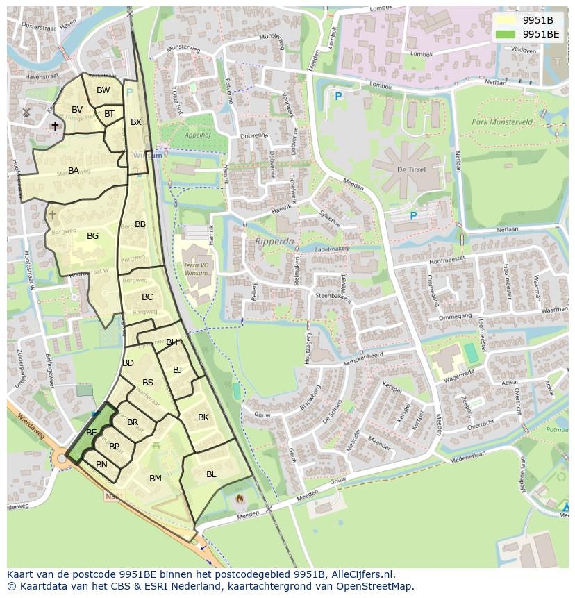 Afbeelding van het postcodegebied 9951 BE op de kaart.