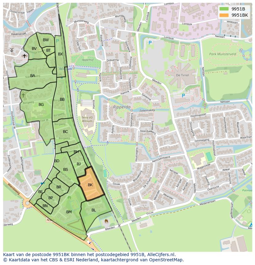 Afbeelding van het postcodegebied 9951 BK op de kaart.
