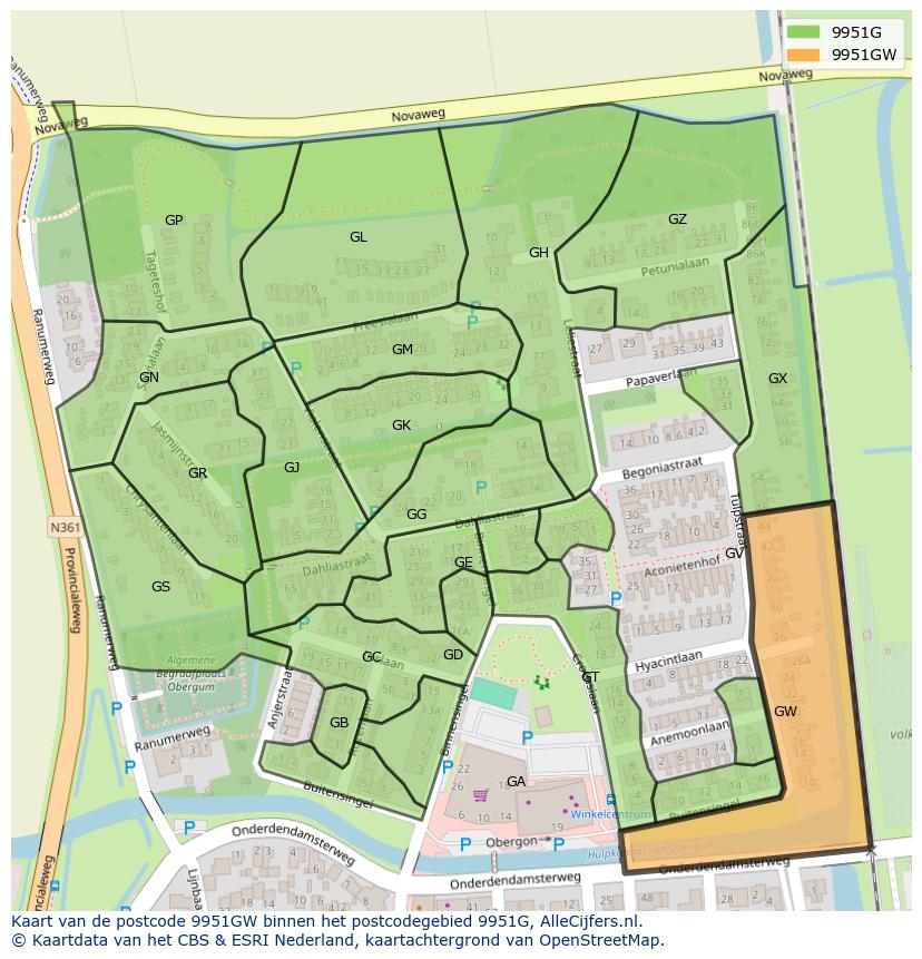 Afbeelding van het postcodegebied 9951 GW op de kaart.