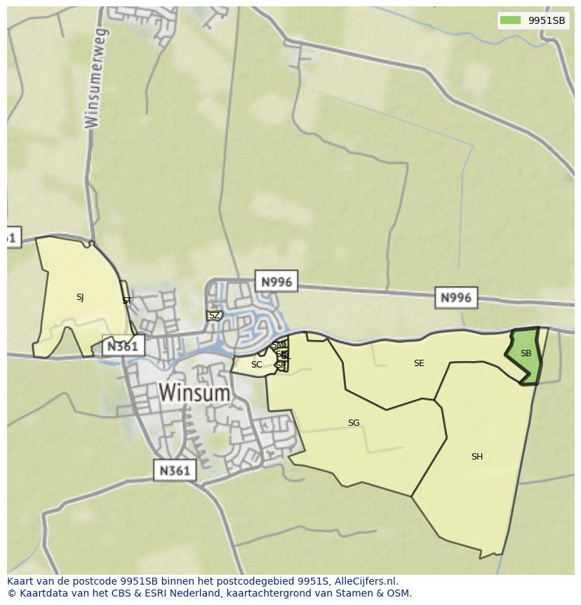 Afbeelding van het postcodegebied 9951 SB op de kaart.