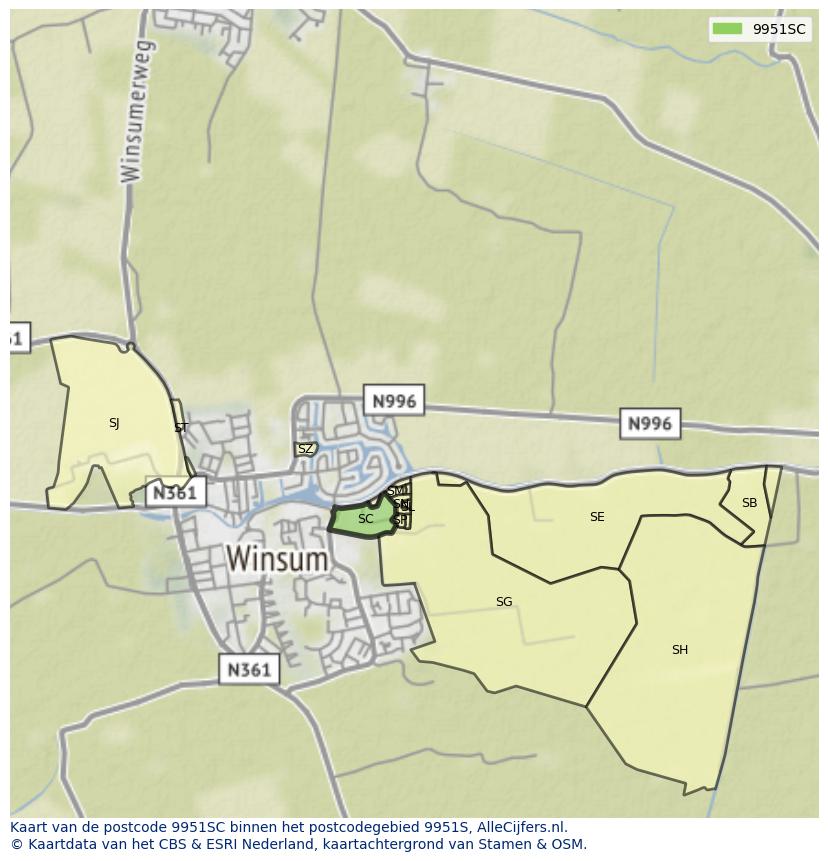 Afbeelding van het postcodegebied 9951 SC op de kaart.