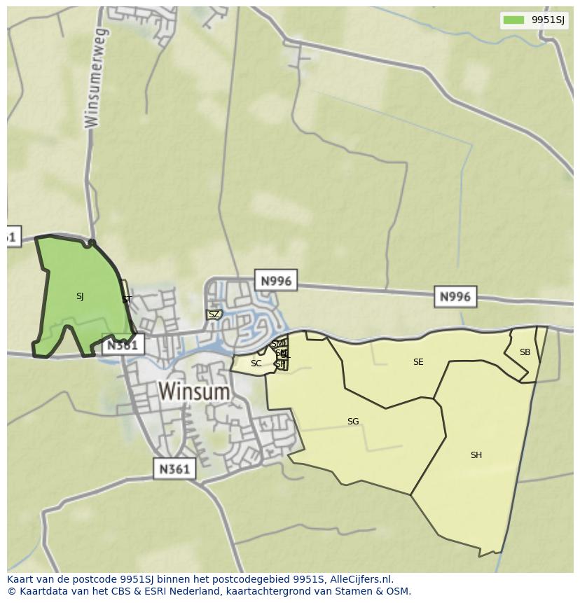 Afbeelding van het postcodegebied 9951 SJ op de kaart.