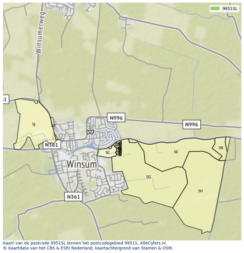 Afbeelding van het postcodegebied 9951 SL op de kaart.