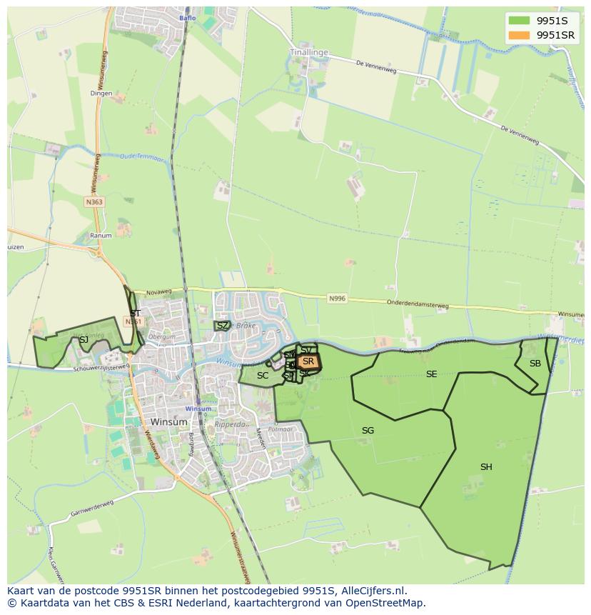 Afbeelding van het postcodegebied 9951 SR op de kaart.