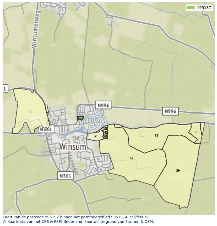 Afbeelding van het postcodegebied 9951 SZ op de kaart.