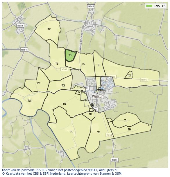 Afbeelding van het postcodegebied 9951 TS op de kaart.