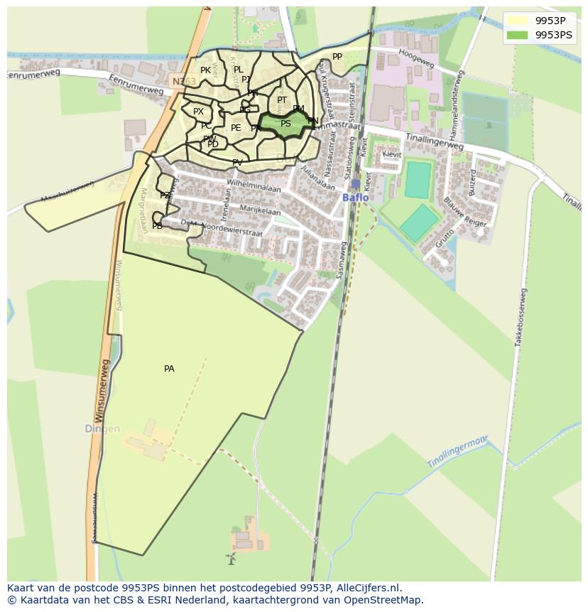 Afbeelding van het postcodegebied 9953 PS op de kaart.