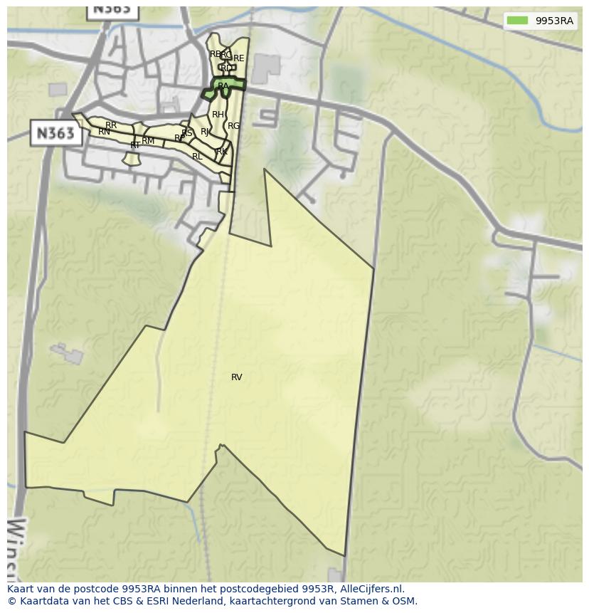 Afbeelding van het postcodegebied 9953 RA op de kaart.
