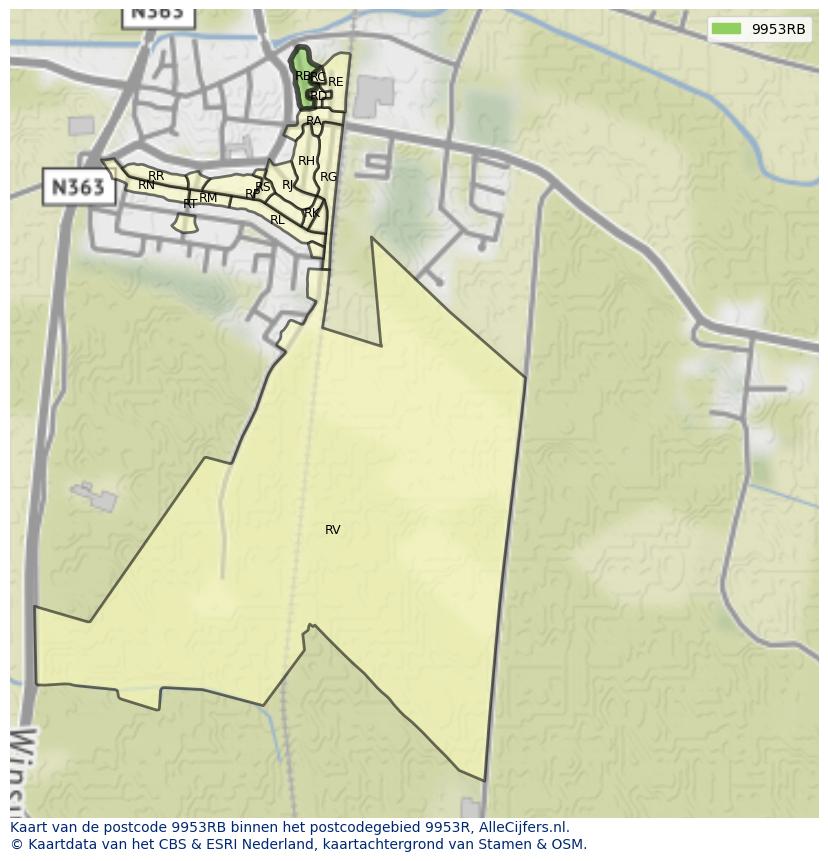Afbeelding van het postcodegebied 9953 RB op de kaart.