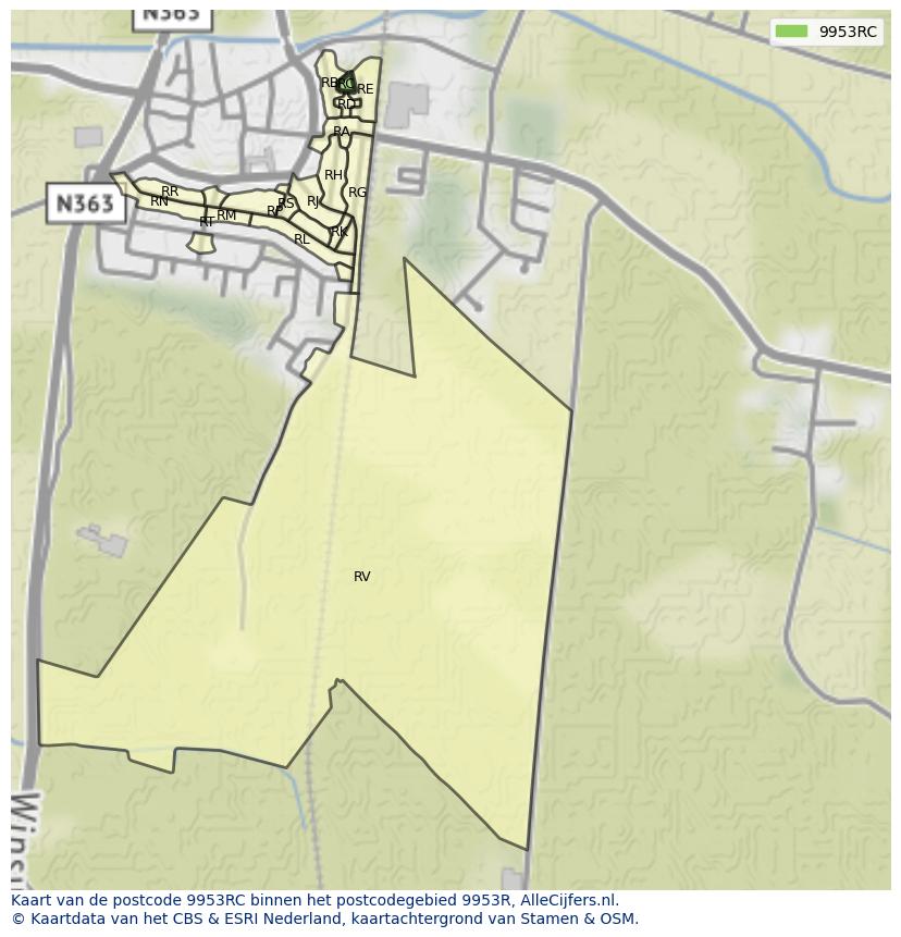 Afbeelding van het postcodegebied 9953 RC op de kaart.