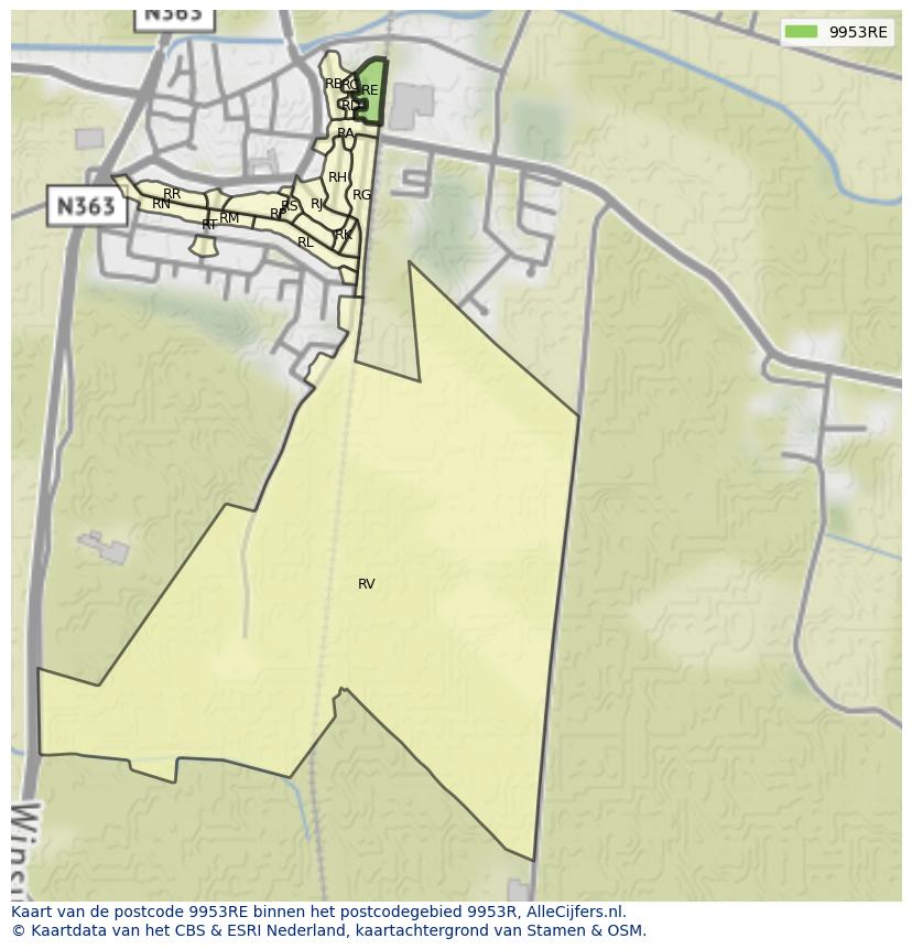 Afbeelding van het postcodegebied 9953 RE op de kaart.