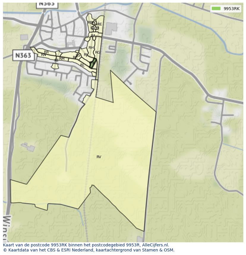 Afbeelding van het postcodegebied 9953 RK op de kaart.
