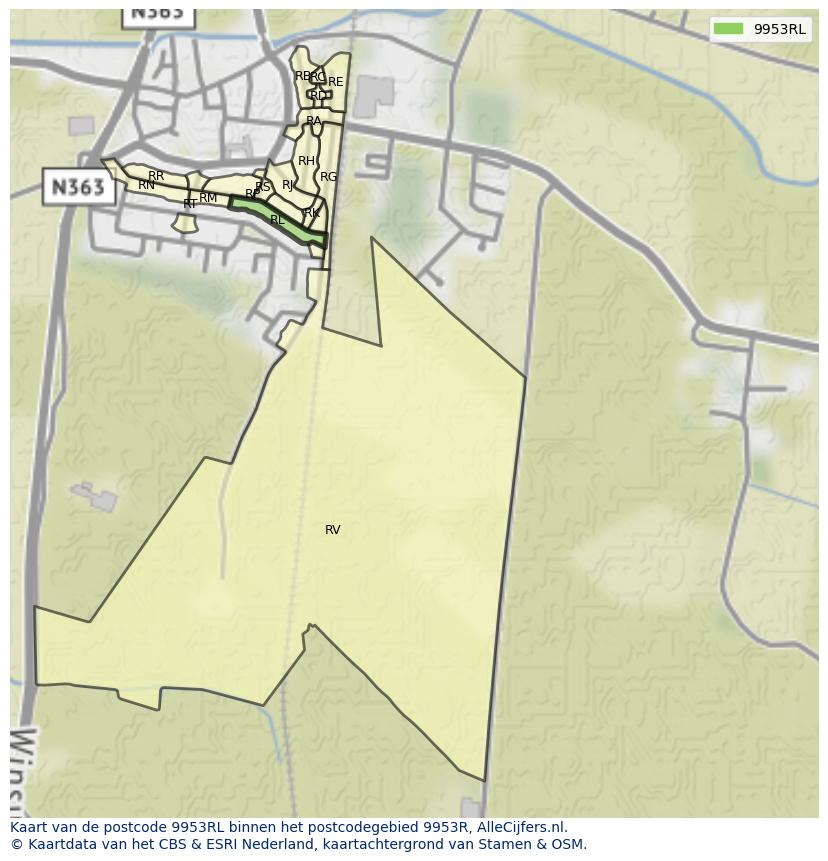 Afbeelding van het postcodegebied 9953 RL op de kaart.