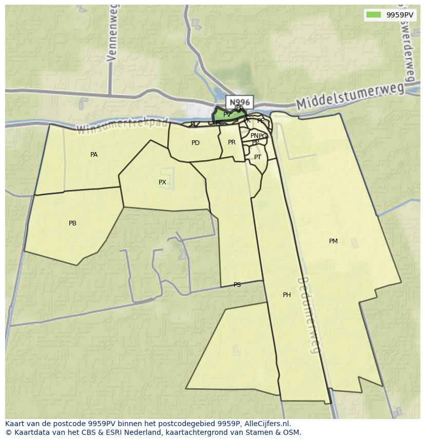 Afbeelding van het postcodegebied 9959 PV op de kaart.