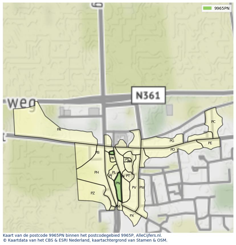 Afbeelding van het postcodegebied 9965 PN op de kaart.