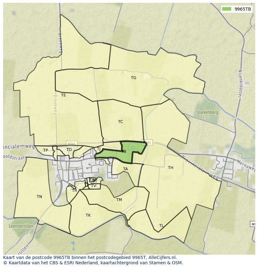 Afbeelding van het postcodegebied 9965 TB op de kaart.