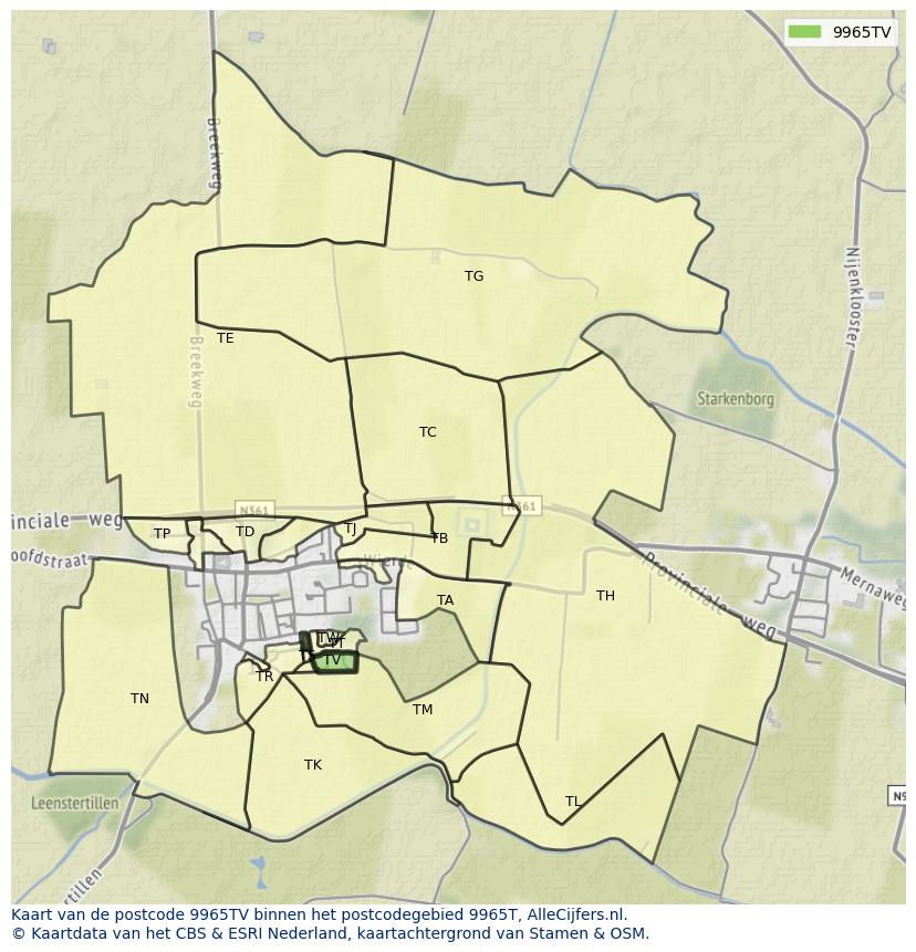 Afbeelding van het postcodegebied 9965 TV op de kaart.