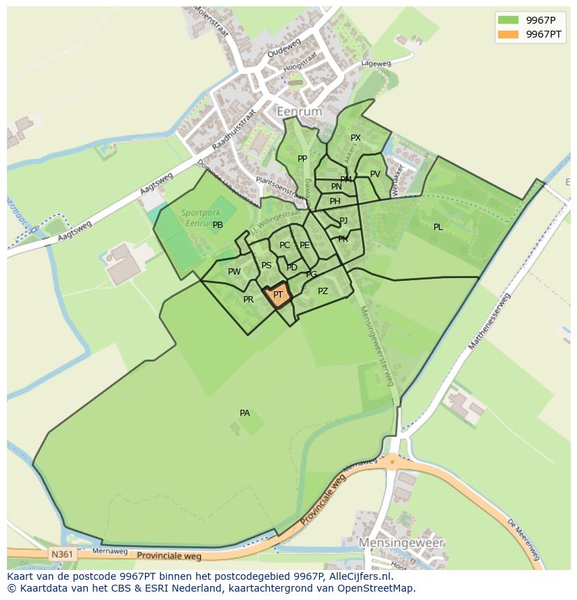 Afbeelding van het postcodegebied 9967 PT op de kaart.