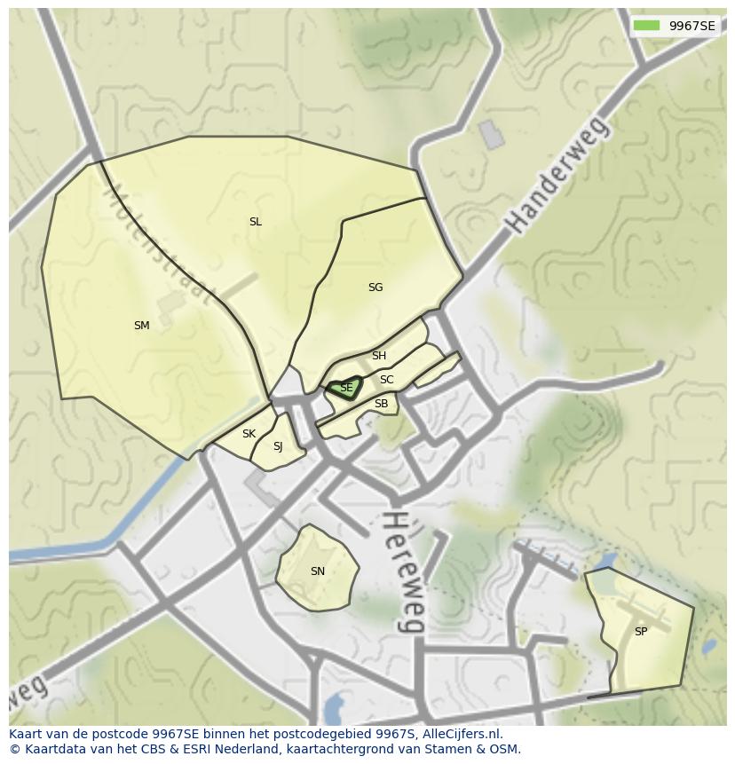 Afbeelding van het postcodegebied 9967 SE op de kaart.