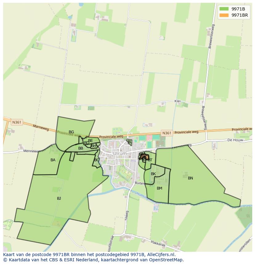 Afbeelding van het postcodegebied 9971 BR op de kaart.