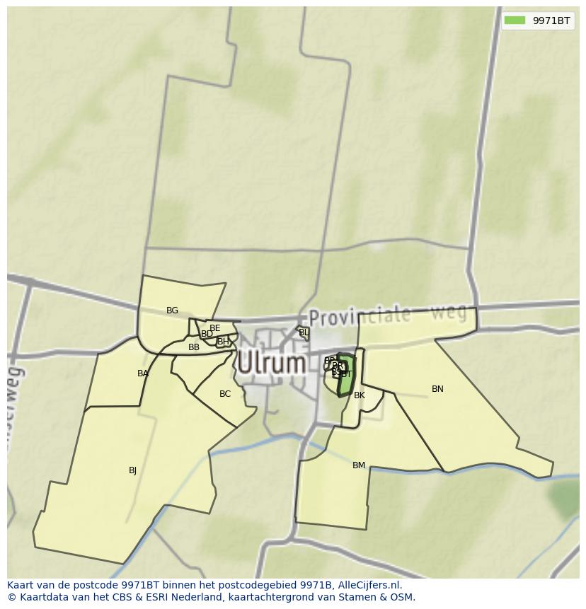 Afbeelding van het postcodegebied 9971 BT op de kaart.