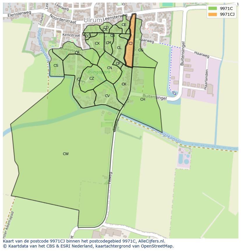 Afbeelding van het postcodegebied 9971 CJ op de kaart.
