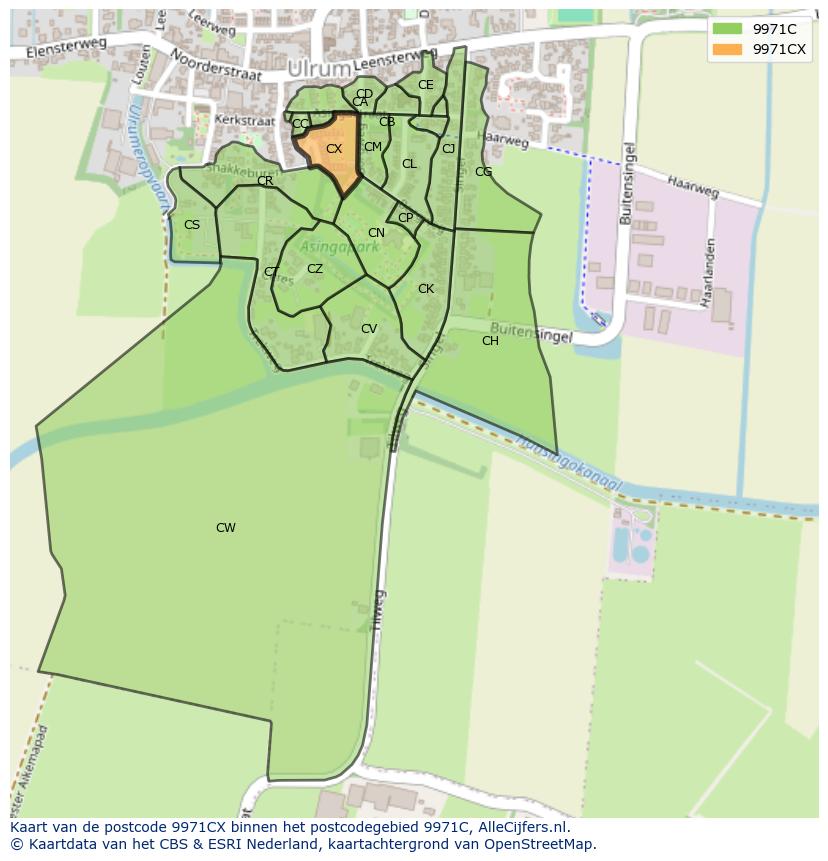 Afbeelding van het postcodegebied 9971 CX op de kaart.