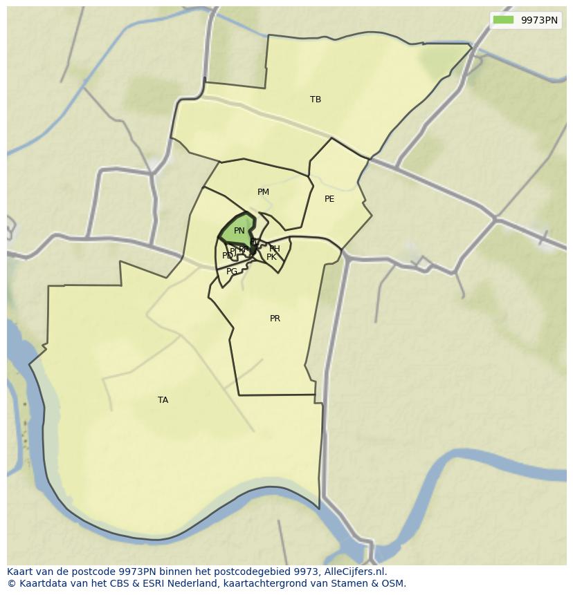 Afbeelding van het postcodegebied 9973 PN op de kaart.