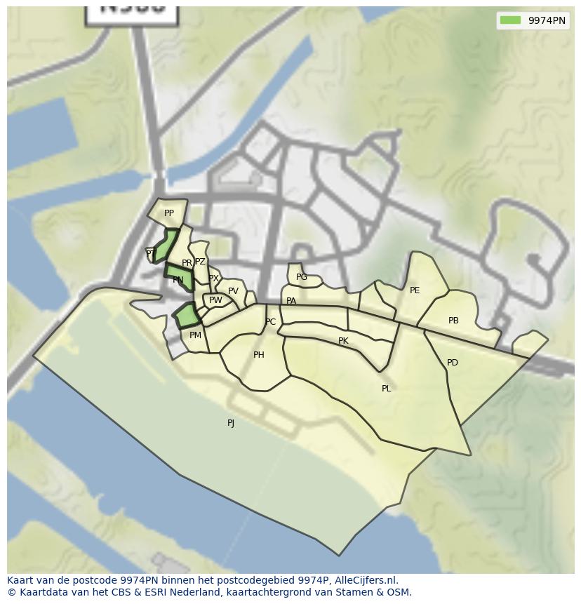 Afbeelding van het postcodegebied 9974 PN op de kaart.