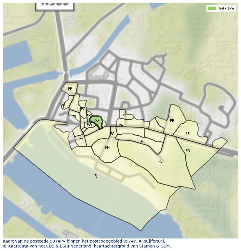 Afbeelding van het postcodegebied 9974 PV op de kaart.