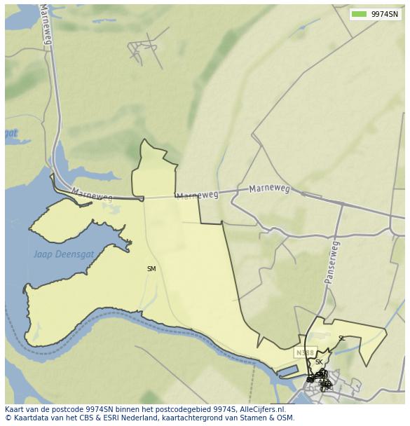 Afbeelding van het postcodegebied 9974 SN op de kaart.