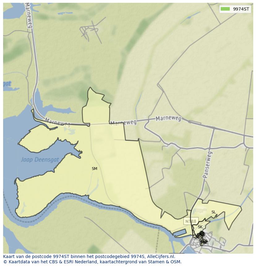 Afbeelding van het postcodegebied 9974 ST op de kaart.