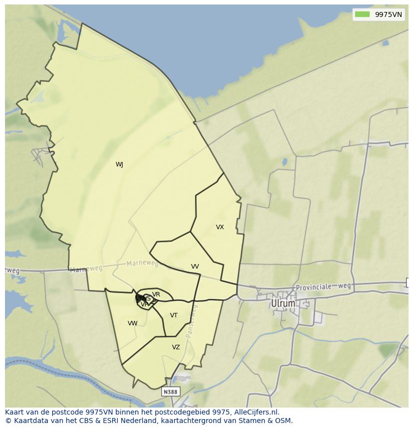 Afbeelding van het postcodegebied 9975 VN op de kaart.