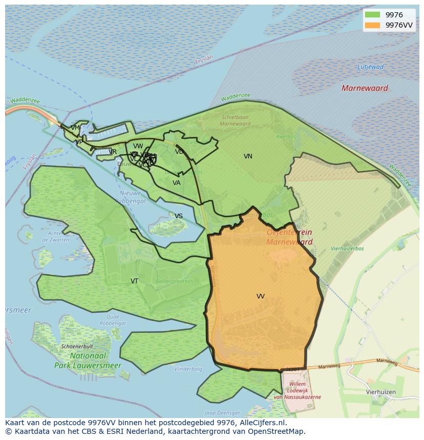 Afbeelding van het postcodegebied 9976 VV op de kaart.
