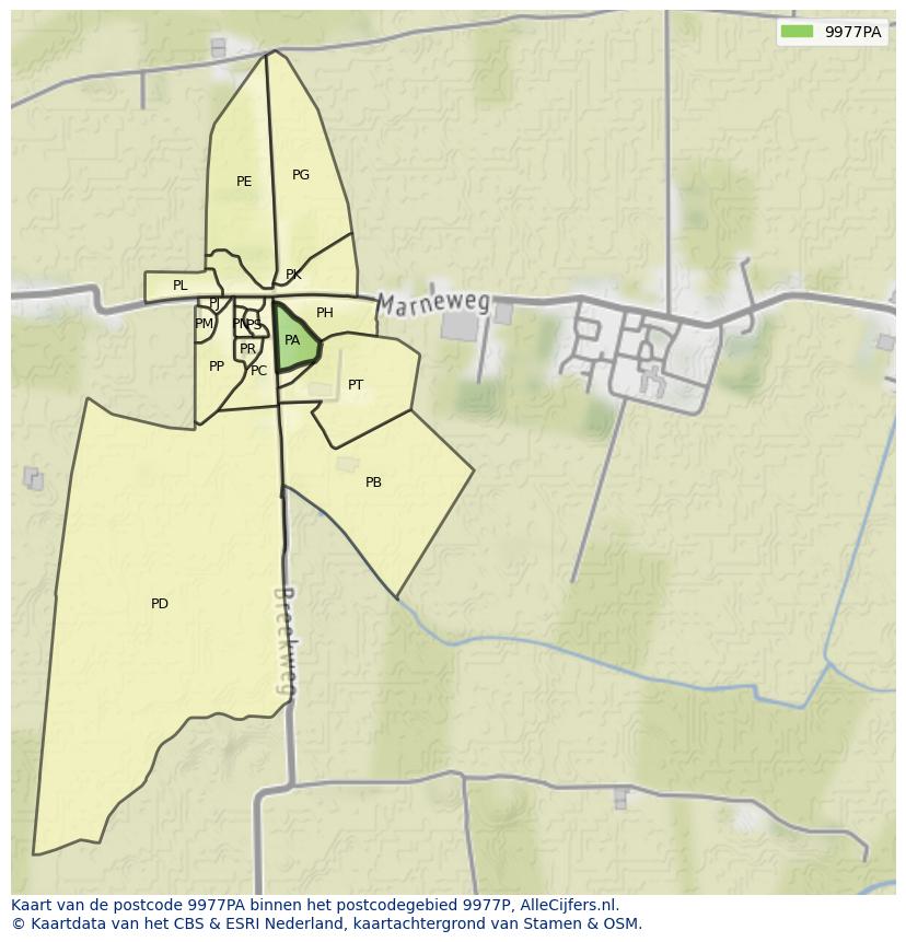 Afbeelding van het postcodegebied 9977 PA op de kaart.