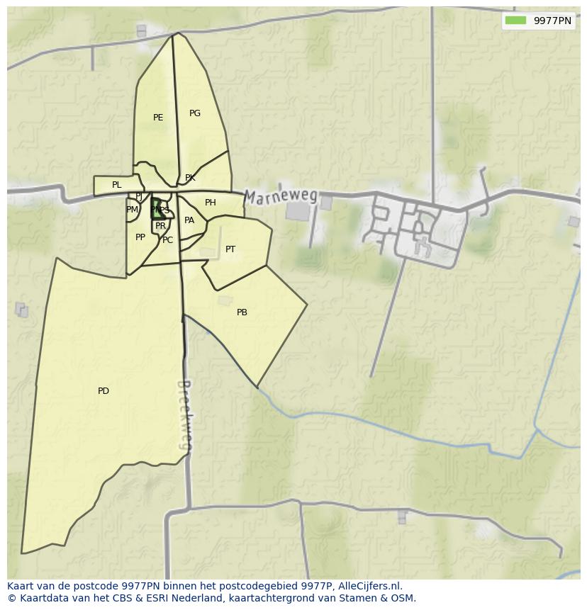 Afbeelding van het postcodegebied 9977 PN op de kaart.