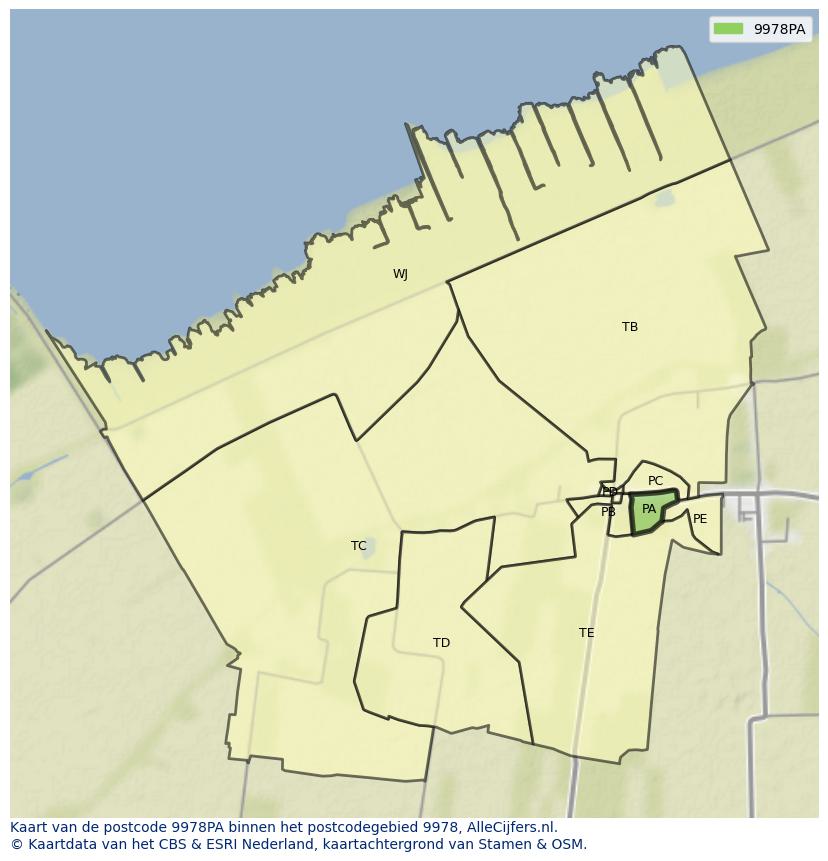 Afbeelding van het postcodegebied 9978 PA op de kaart.