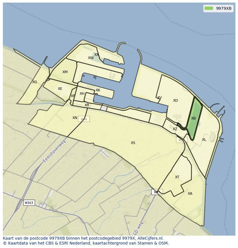 Afbeelding van het postcodegebied 9979 XB op de kaart.