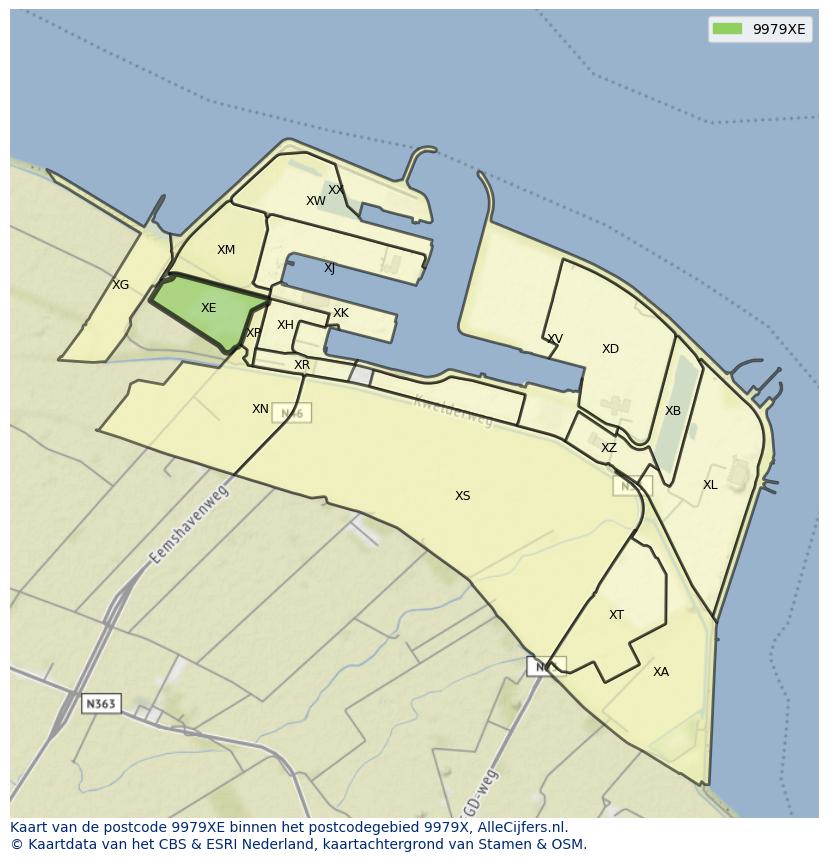 Afbeelding van het postcodegebied 9979 XE op de kaart.