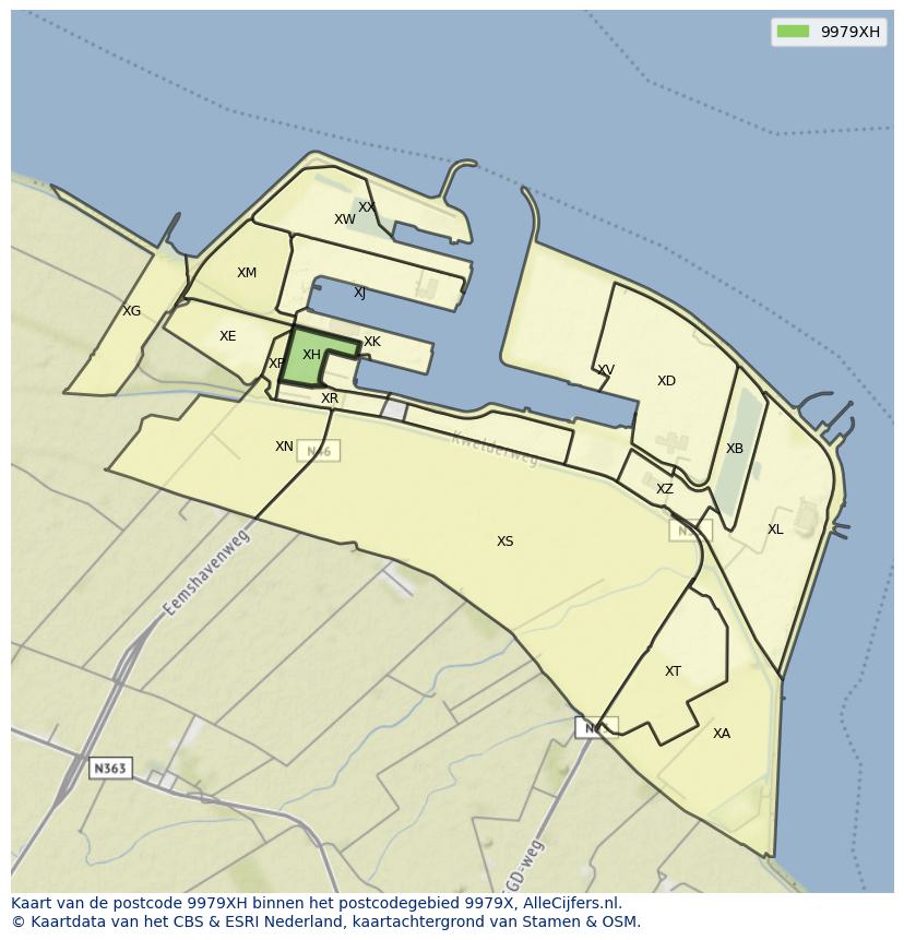 Afbeelding van het postcodegebied 9979 XH op de kaart.