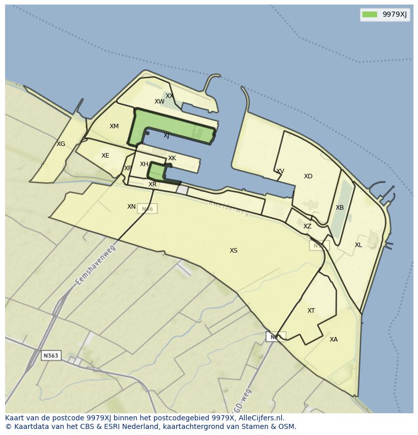 Afbeelding van het postcodegebied 9979 XJ op de kaart.