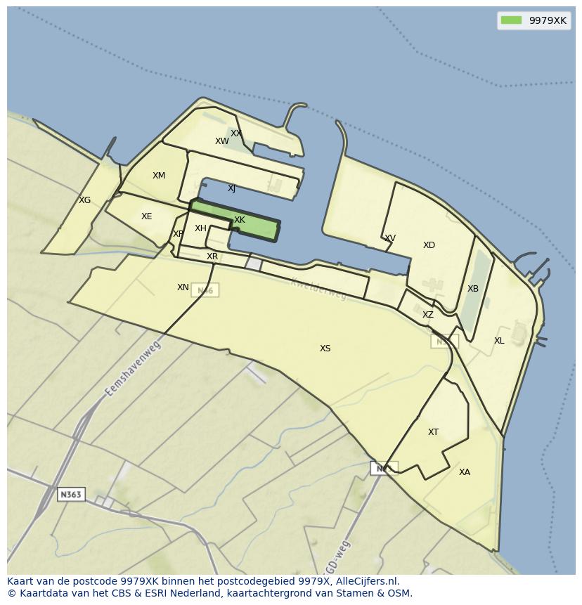 Afbeelding van het postcodegebied 9979 XK op de kaart.