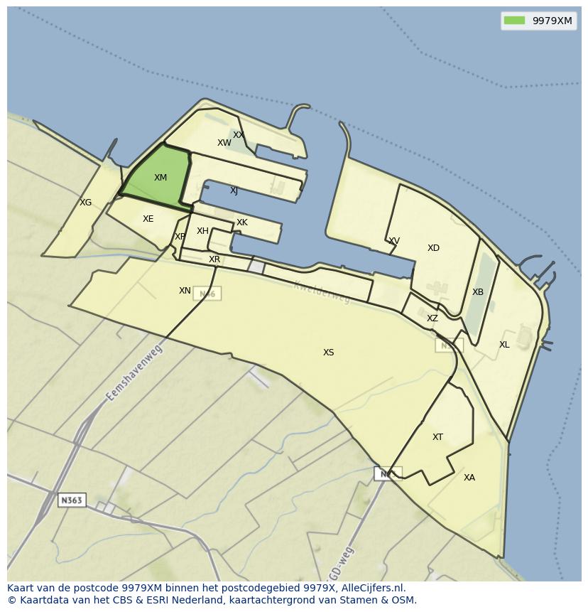 Afbeelding van het postcodegebied 9979 XM op de kaart.