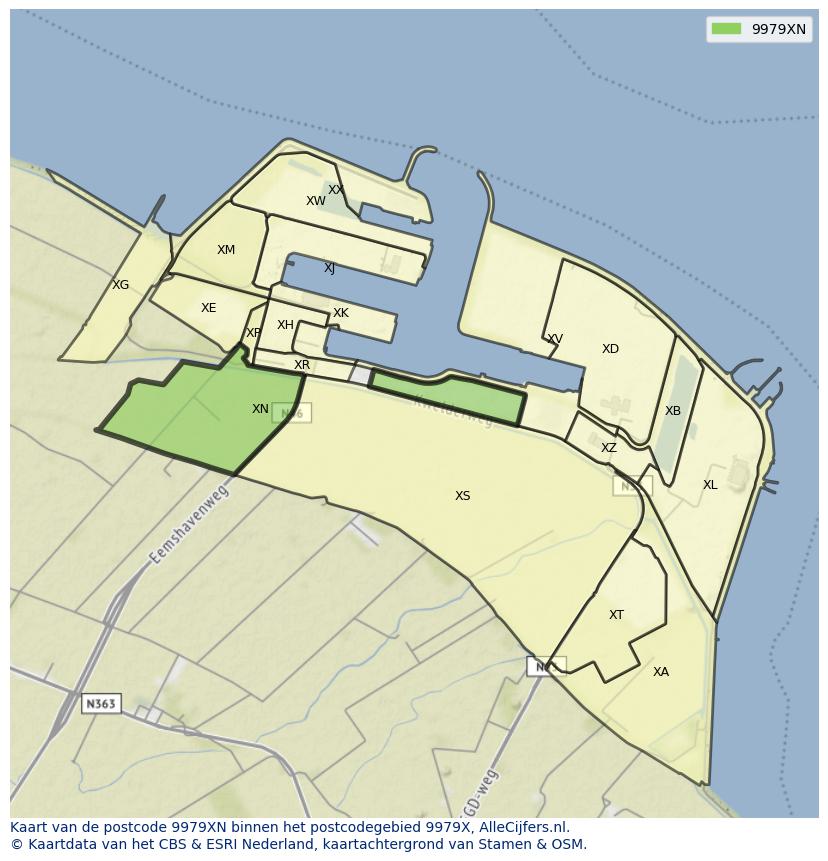 Afbeelding van het postcodegebied 9979 XN op de kaart.
