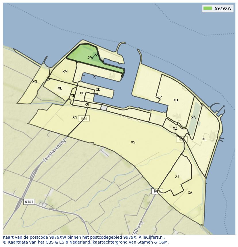 Afbeelding van het postcodegebied 9979 XW op de kaart.