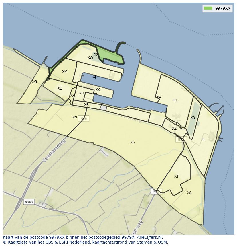 Afbeelding van het postcodegebied 9979 XX op de kaart.