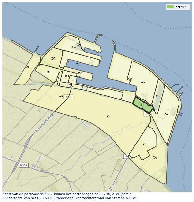 Afbeelding van het postcodegebied 9979 XZ op de kaart.